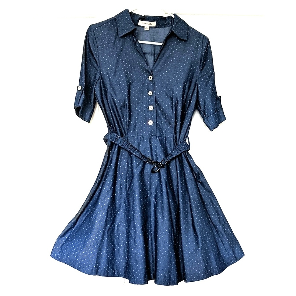 Monteau Navy Blue Dot Flared Shirt Dress